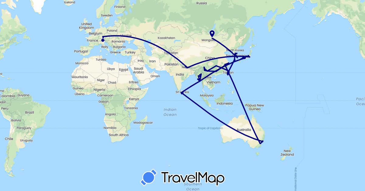 TravelMap itinerary: driving in Australia, China, Germany, Italy, Japan, South Korea, Sri Lanka, Myanmar (Burma), Mongolia, Nepal, Taiwan (Asia, Europe, Oceania)
